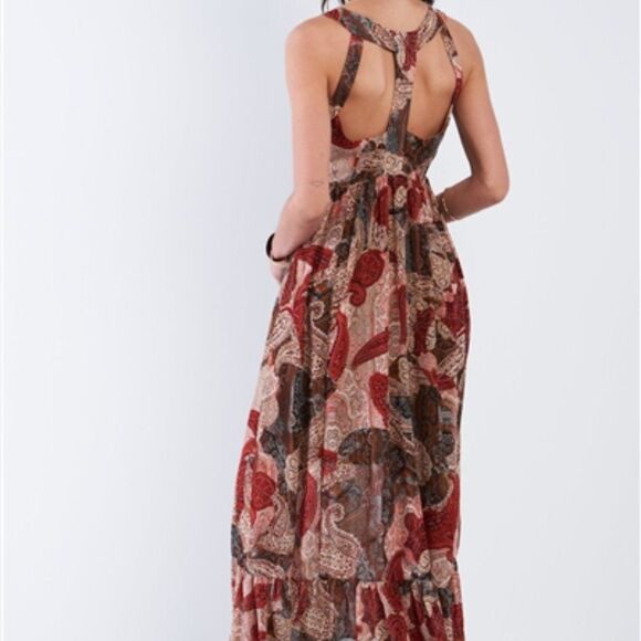 Boho Red Halter Neck Empire Maxi‎ Dress - Picture 4 of 6